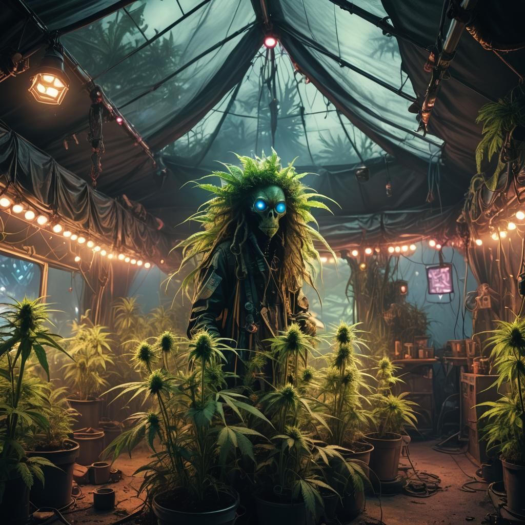 Alien Hippie Grows Cannabis in Cyberpunk Tent