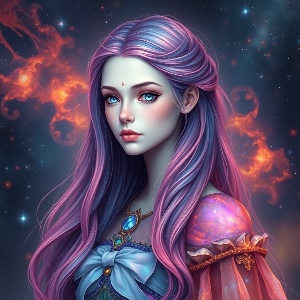 Nebula Goddess with Cosmic Hair and Fire Opal Dress