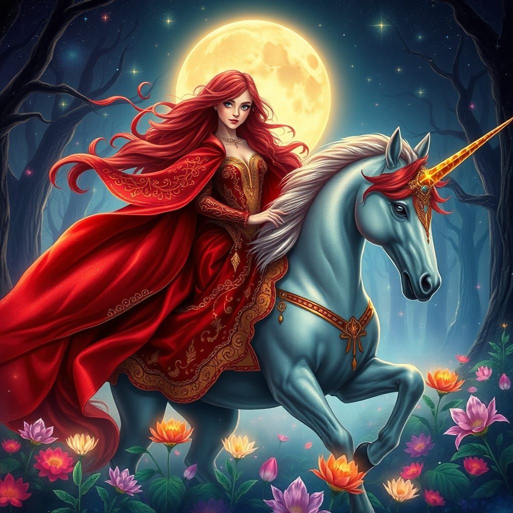 Ethereal Redhead Rides Unicorn Through Glowing Forest in Hol...