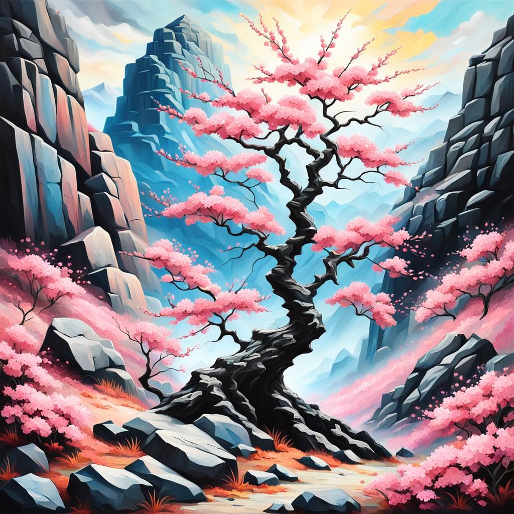 Surreal Cherry Blossom Tree in Barren Landscape