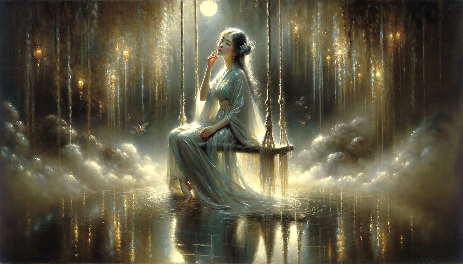 Enchanted Swing: Asian Woman in Moonlit Garden