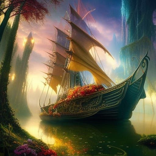 Enchanted Longship on Lakeside: Fantasy Art