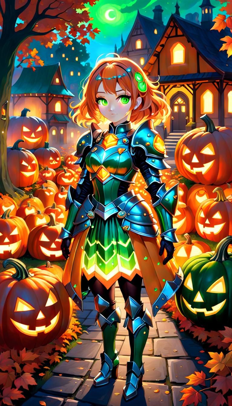 Pumpkin Armored Girl in Autumn Fantasy Illustration
