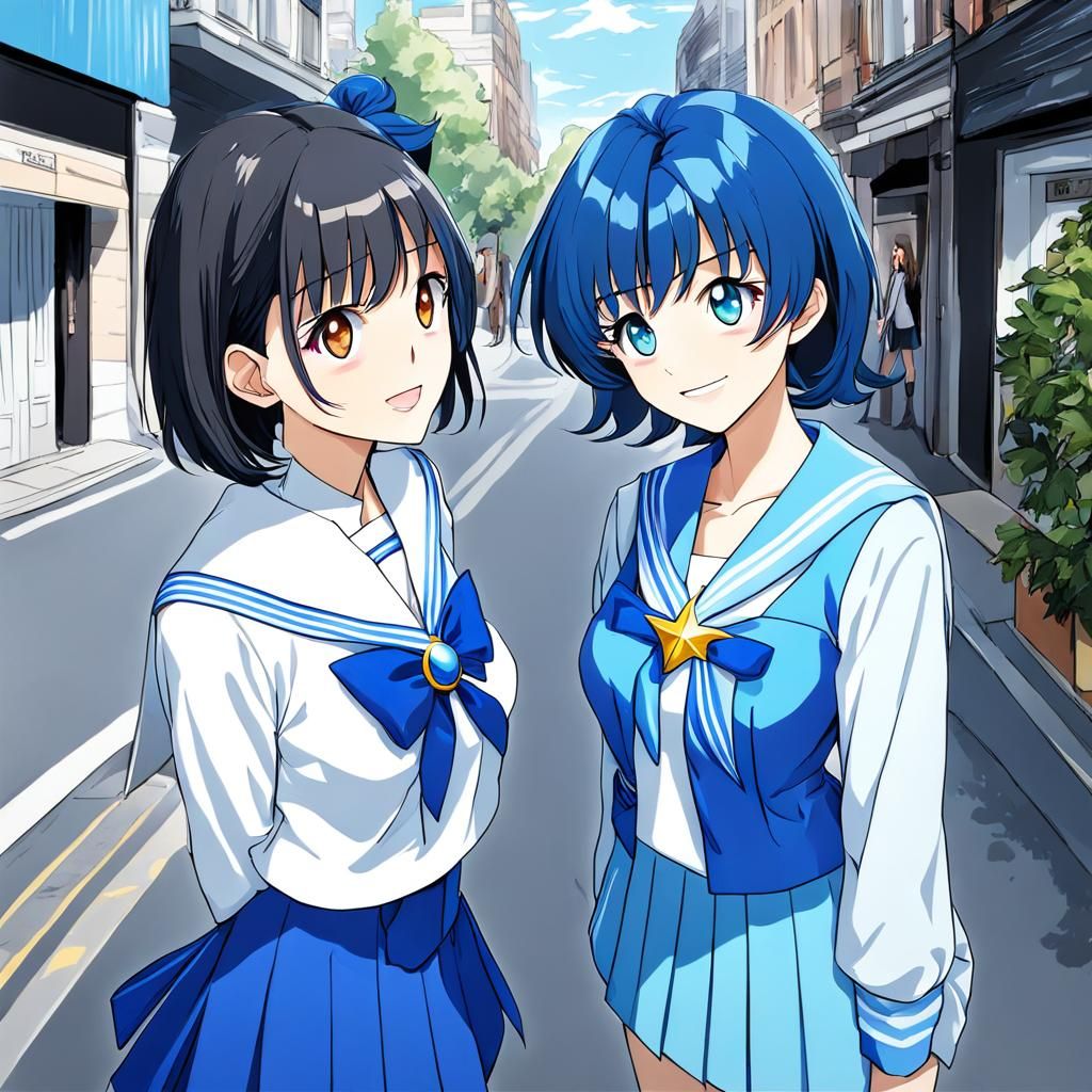 Two Girls, One as Sailor Mercury, Standing Happily