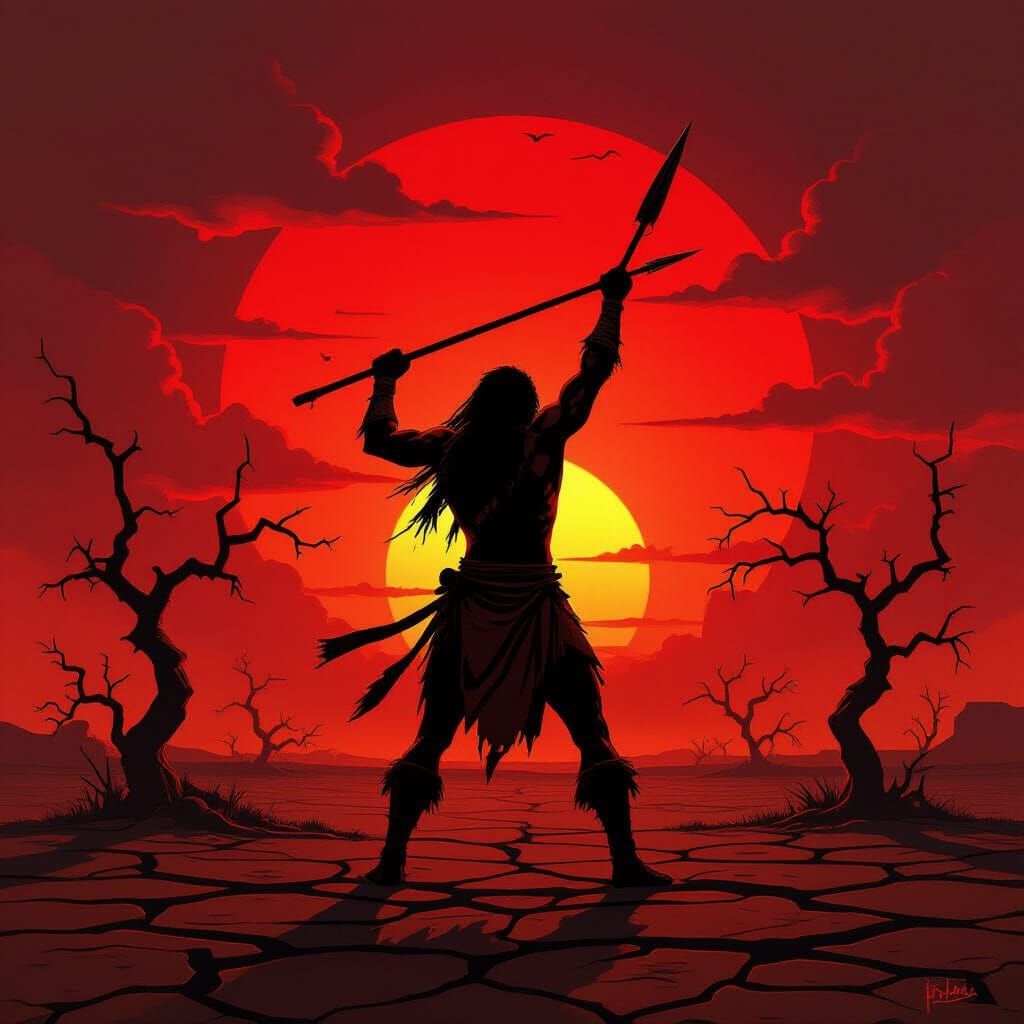 African Warrior Silhouette Against Blood-Red Sunset