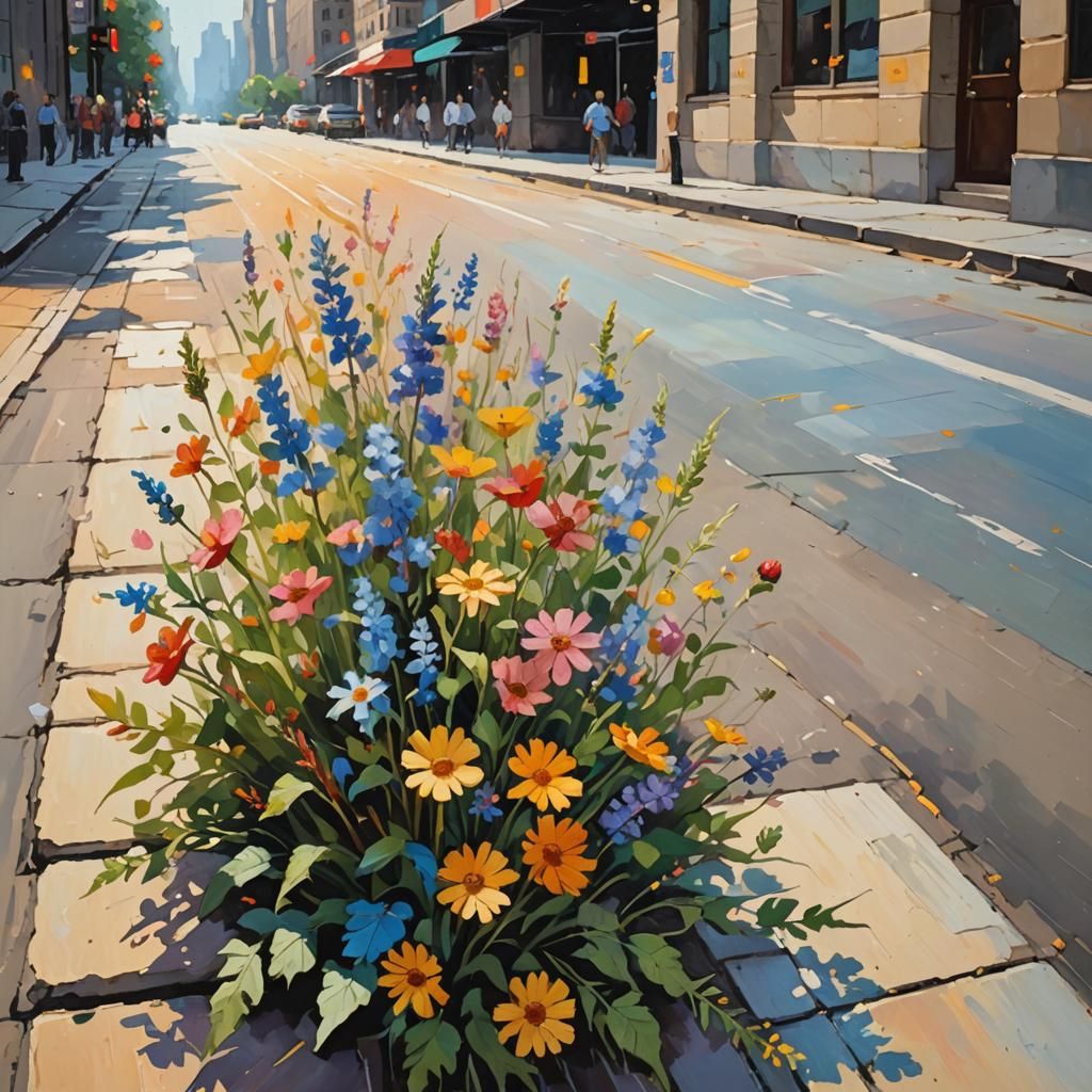 Wildflowers Bloom in City Crack as Impressionist Painting
