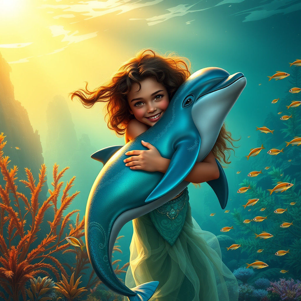 Girl and Dolphin Embrace in Sunlit Ocean