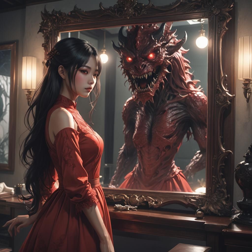 Creepy Mirror Reflection: Asian Woman in 3D Anime Art