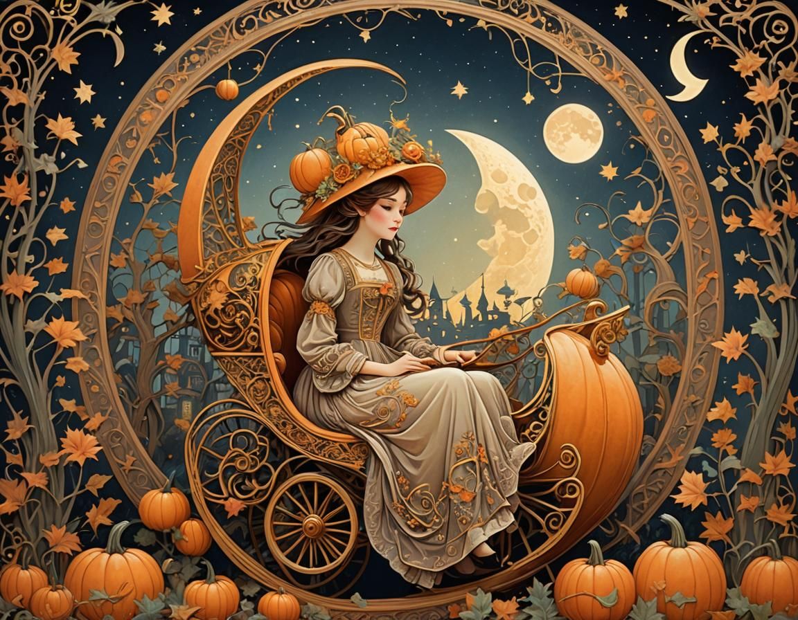 pumpkin carriage, moonlit night, character focused, cute and quirky art nouveau rococo architecture finalRender hyperdet...