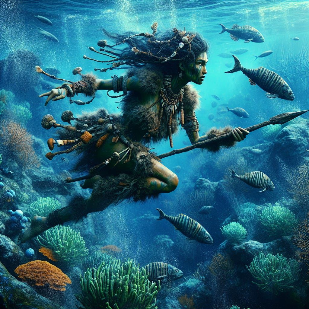 Hispanic Nymph Spear Fishing in Prehistoric Ocean