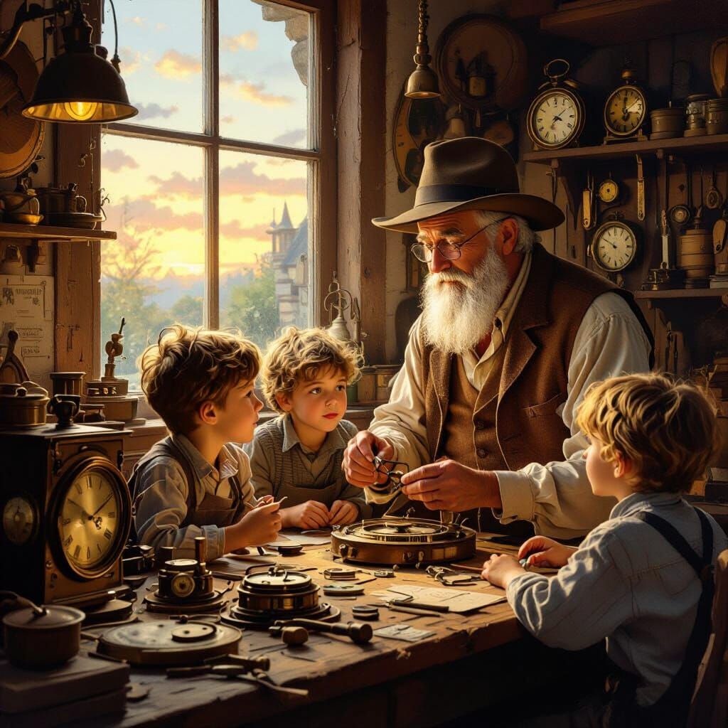 Wise Old Man Teaches Children Watch Repair