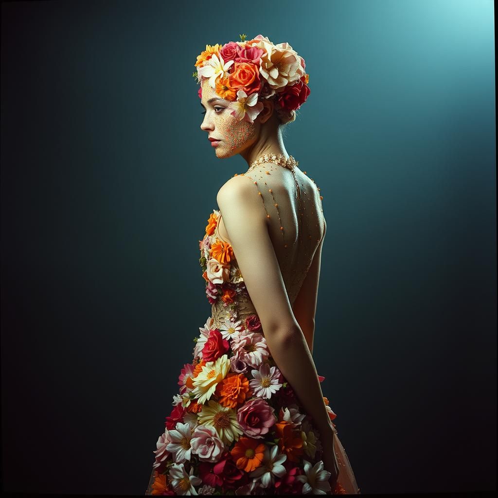 Floral Woman Turning with Downcast Gaze