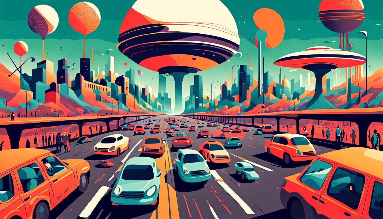 Vibrant City Street Scene with Abstract Digital Art Style