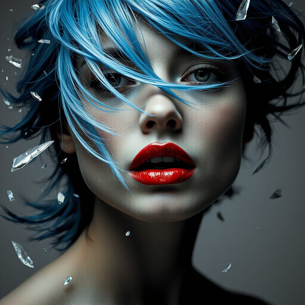 Surreal Woman Portrait with Electric-Blue Hair and Glitch Ef...