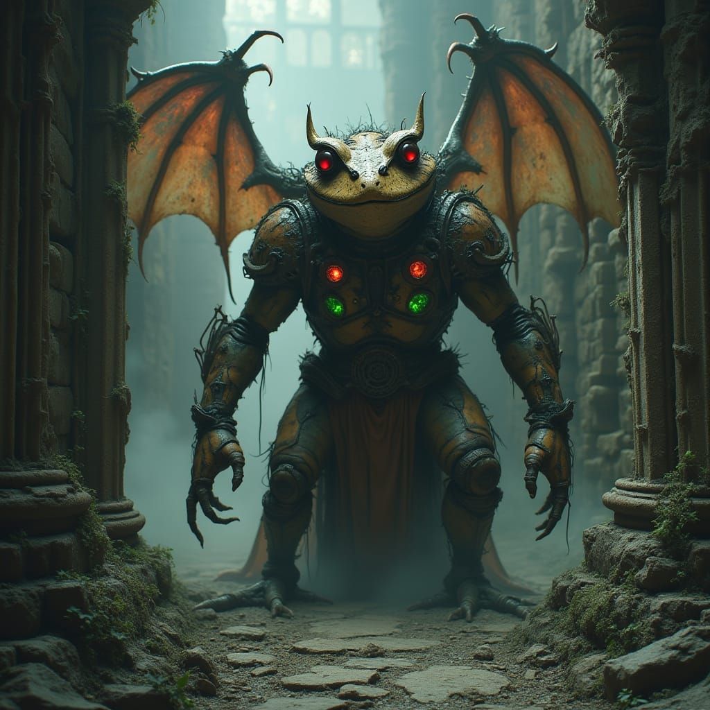 Demonic Frog Awakens in Ruined Gothic Cathedral