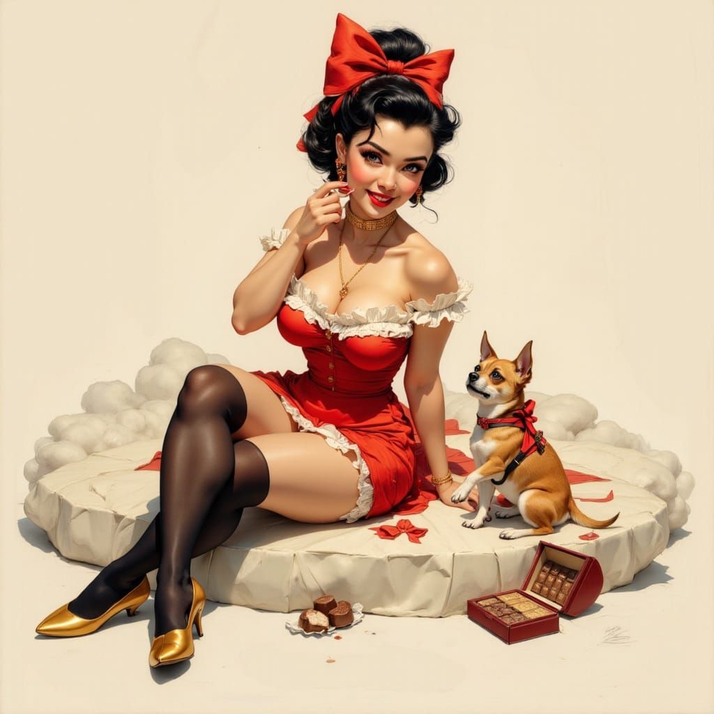 Classic Pin-Up Girl With Dog and Chocolates