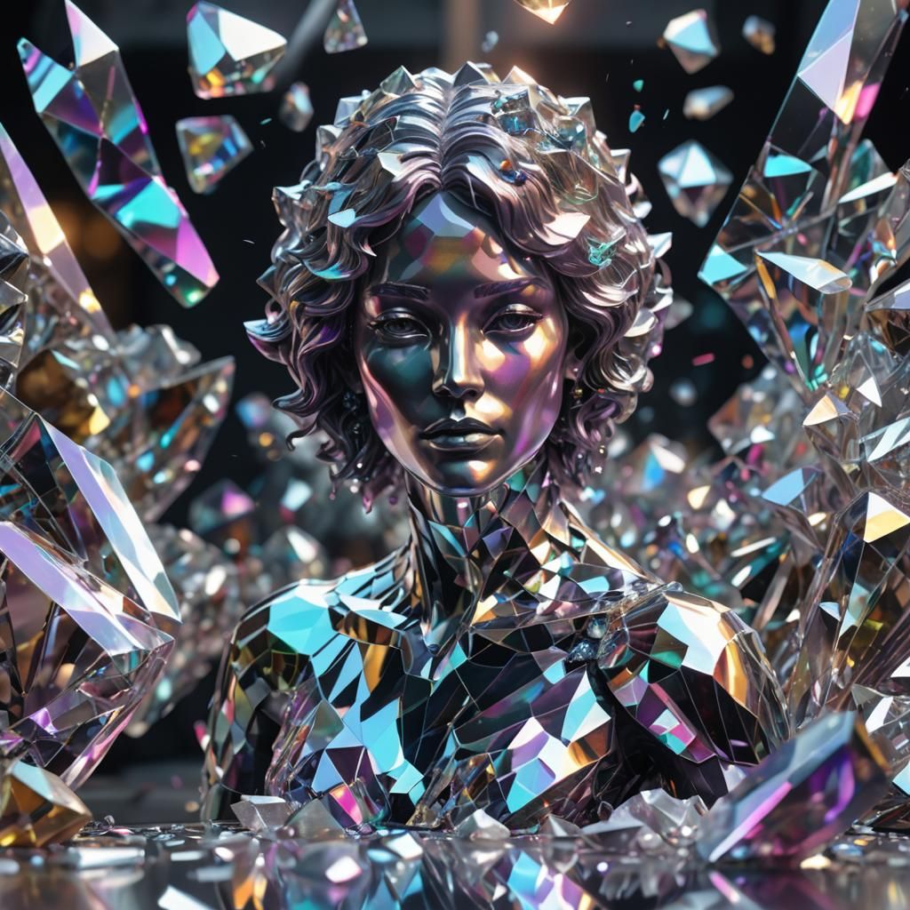 Iridescent Crystal Woman Sculpture in Vaporwave Style