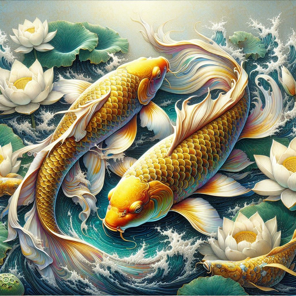 Golden Koi Fish in Lotus Pond: Ukiyo-e Splash Art