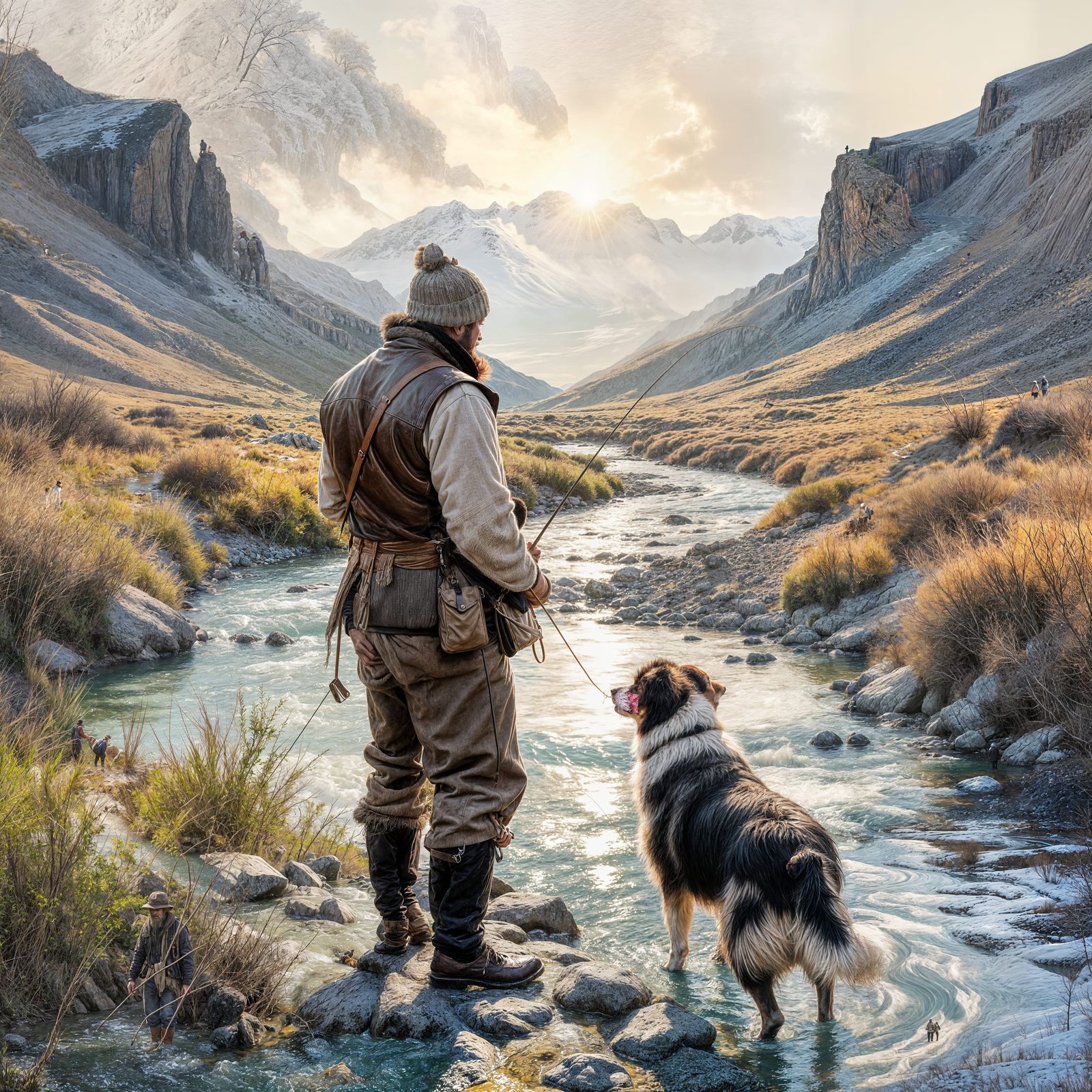 Fisherman and Dog in Valley, Painterly Style