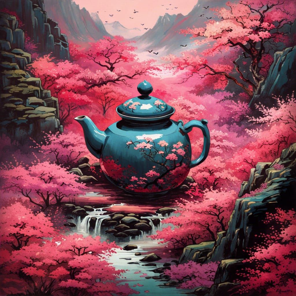 Ornate Teapot in Japanese Landscape, Impasto Render