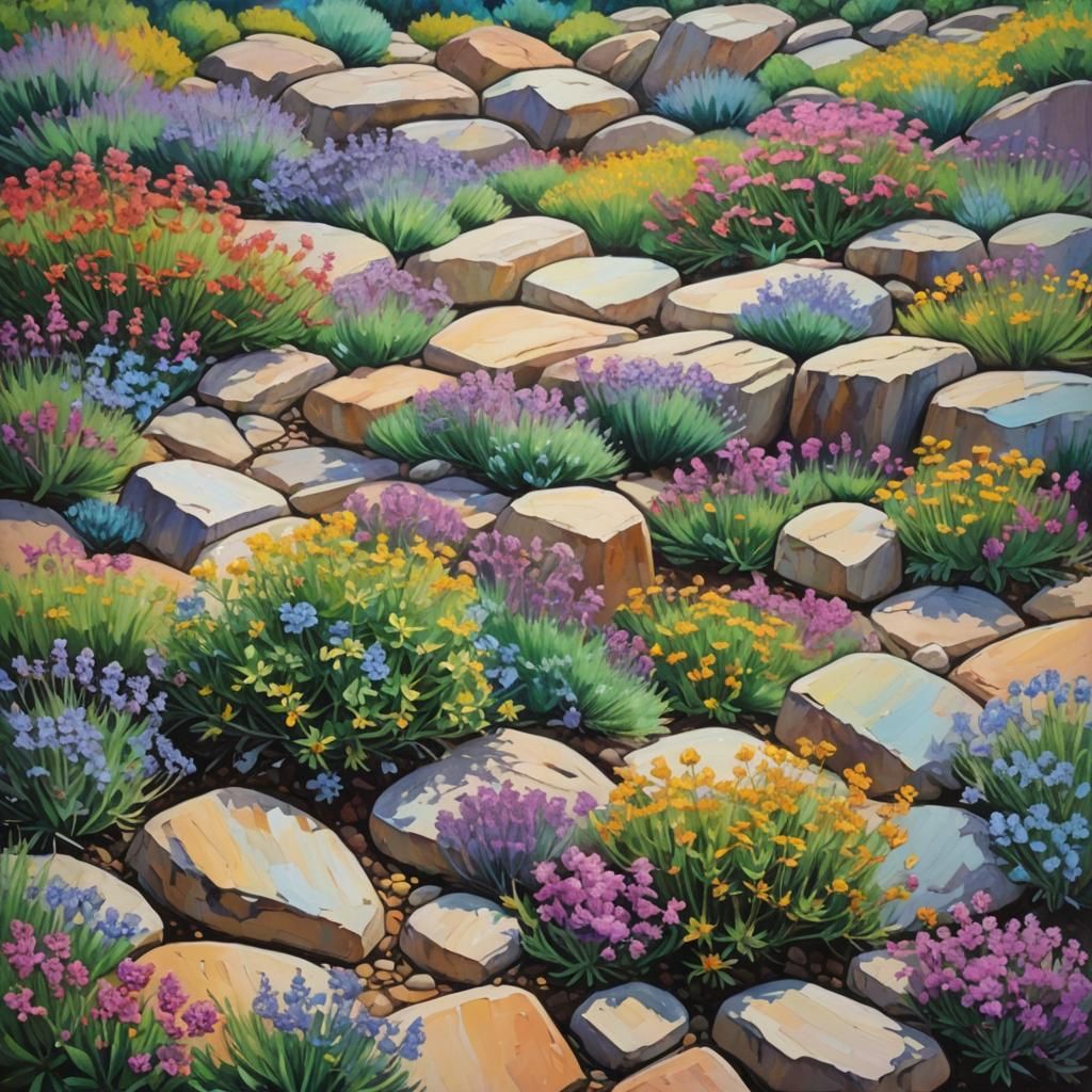 Rock Garden with Rainbow Thyme: Neo-Impressionist Oil Painti...