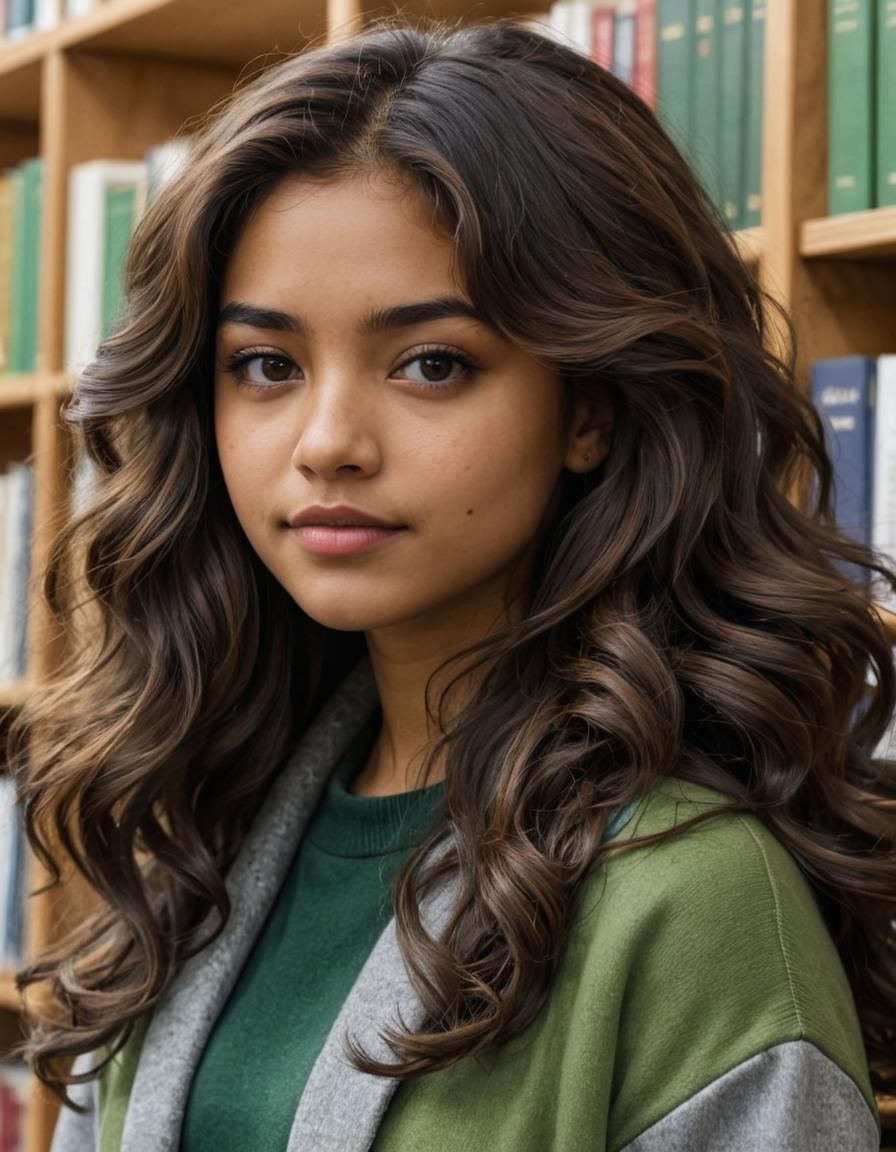 Latina Teenager in Library: Photorealistic Portrait