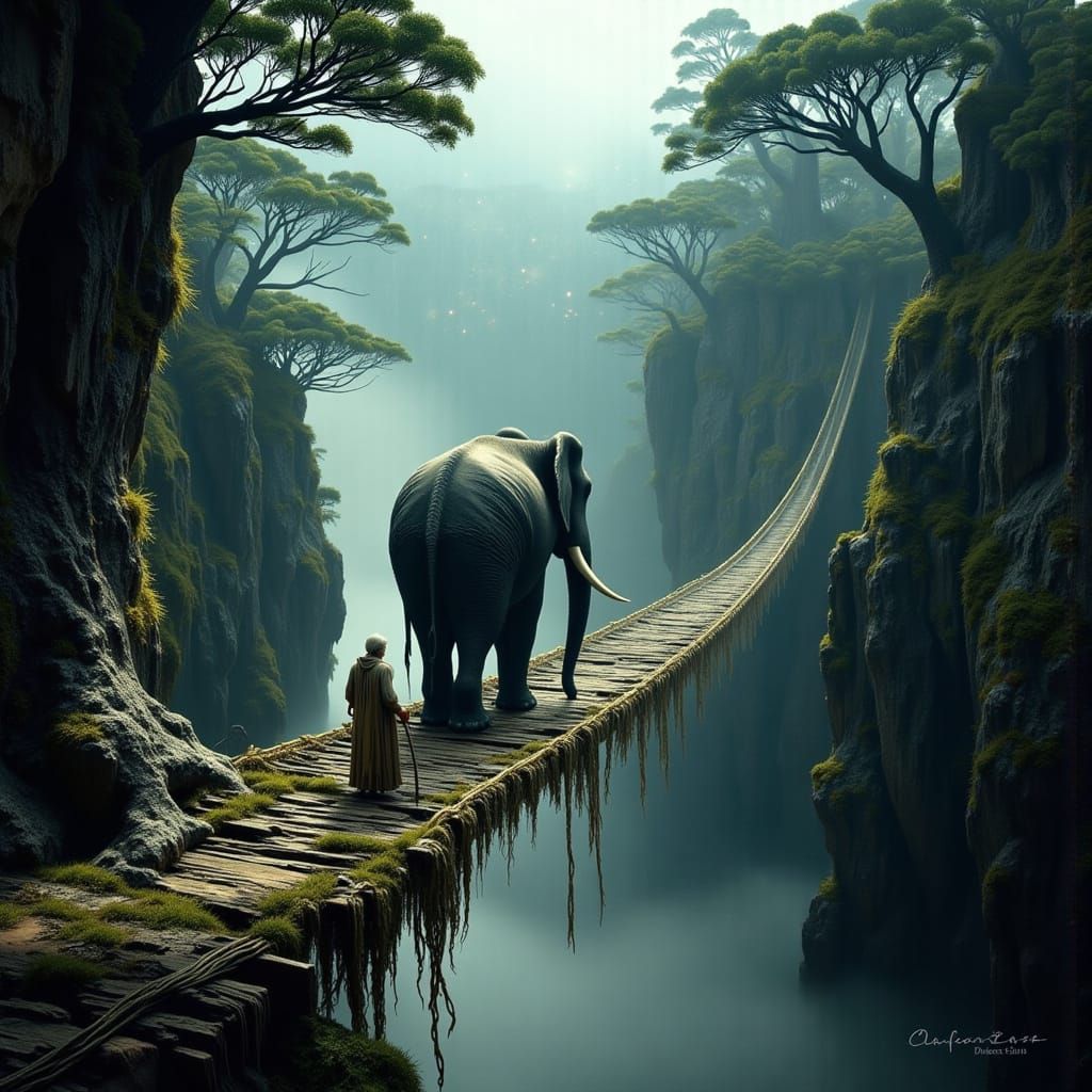 Ancient Bridge with Man and Elephant in Photorealism