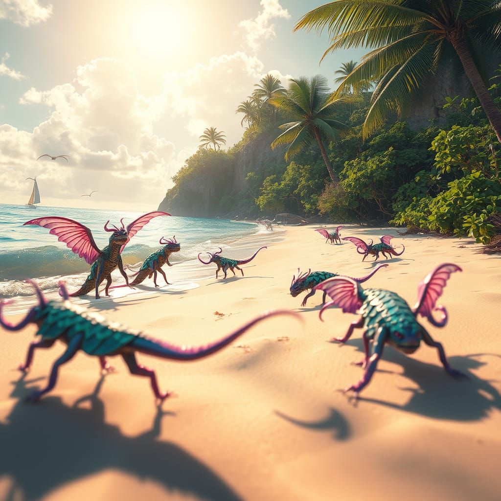 Surreal Beach Scene with Iridescent Creatures in Vibrant Gre...