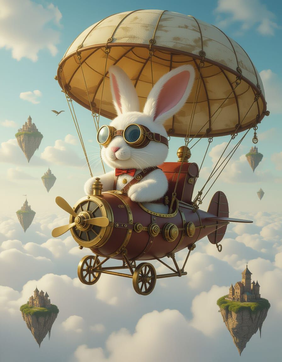 Plush Bunny Pilots Steampunk Dirigible in Surreal Sky
