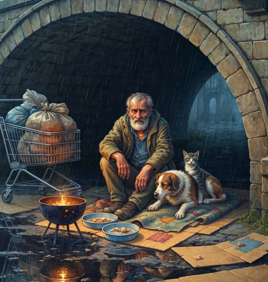 Homeless Man Shelters Under Bridge with Dog and Kitten