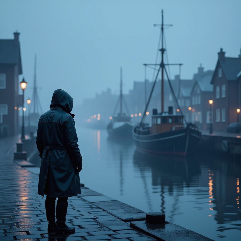 Gloomy Seaport at Dusk with Blurred Lights