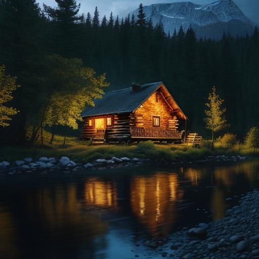 A rustic cabin in the woods up north by a river.