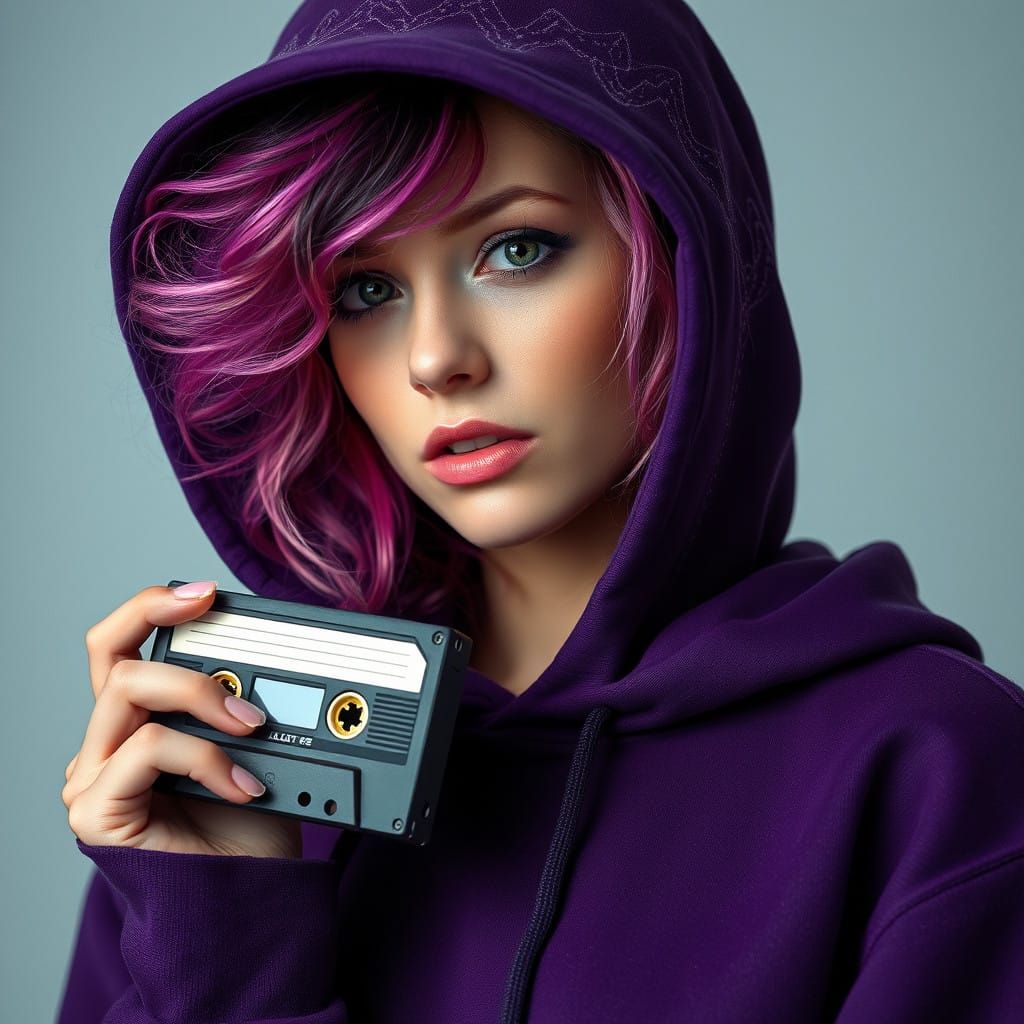 Cyberpunk Woman with Magnetic Hair and Vintage Cassette Play...