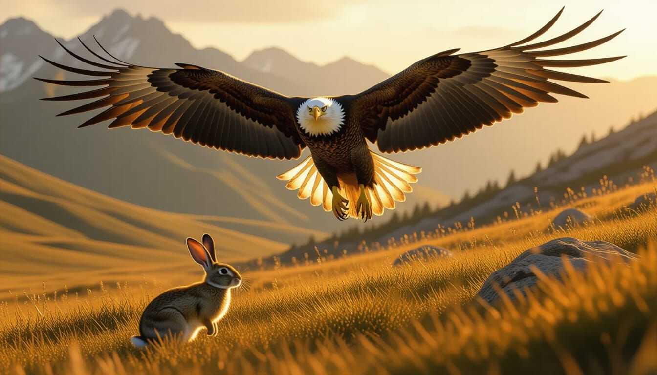 Eagle Hunting Over Meadows in Golden Sunlight