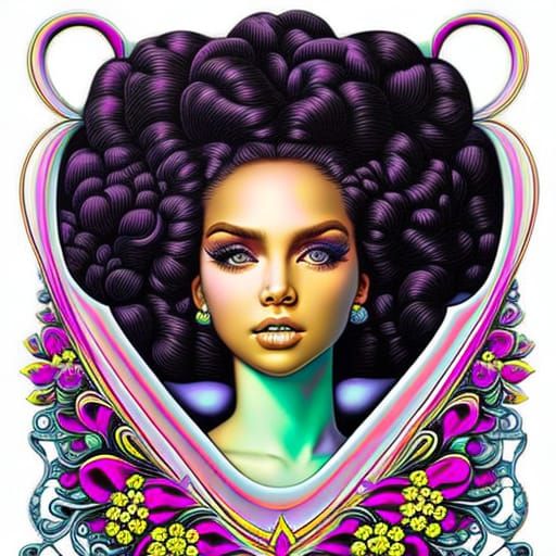 Surreal Woman with Curly Hair in Rococo Dress