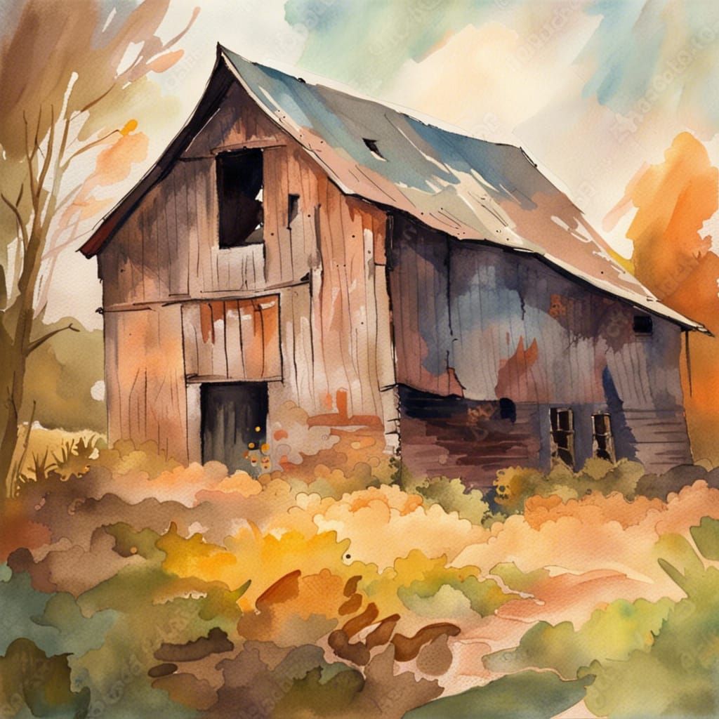 Old Barn in Gouache Impressionist Style