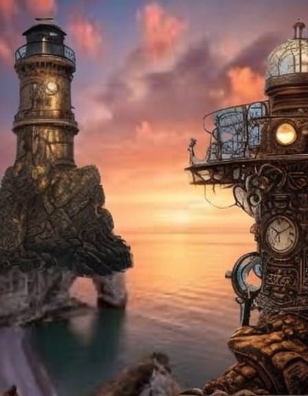 Steampunk Lighthouses at Sunset: Detailed Digital Illustrati...