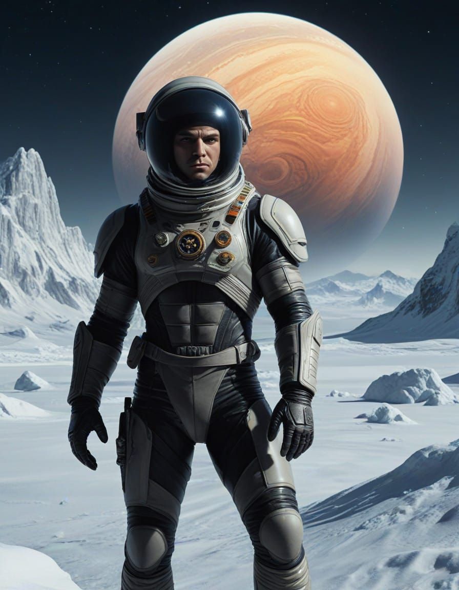 Epic Space Pilot in Hyper Realistic Saturnian Landscape