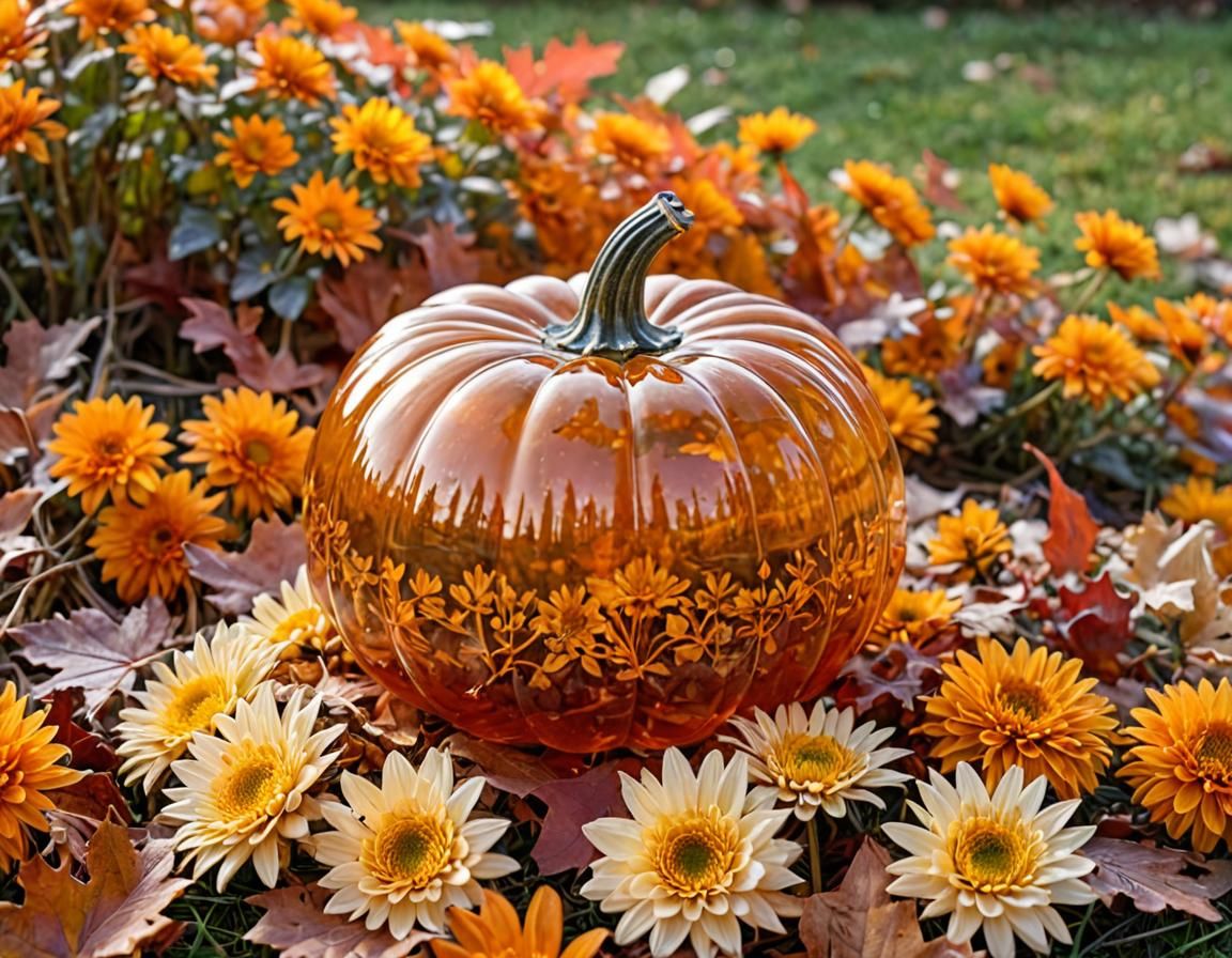 Transparent Glass Pumpkin Surrounded by Autumnal Beauty