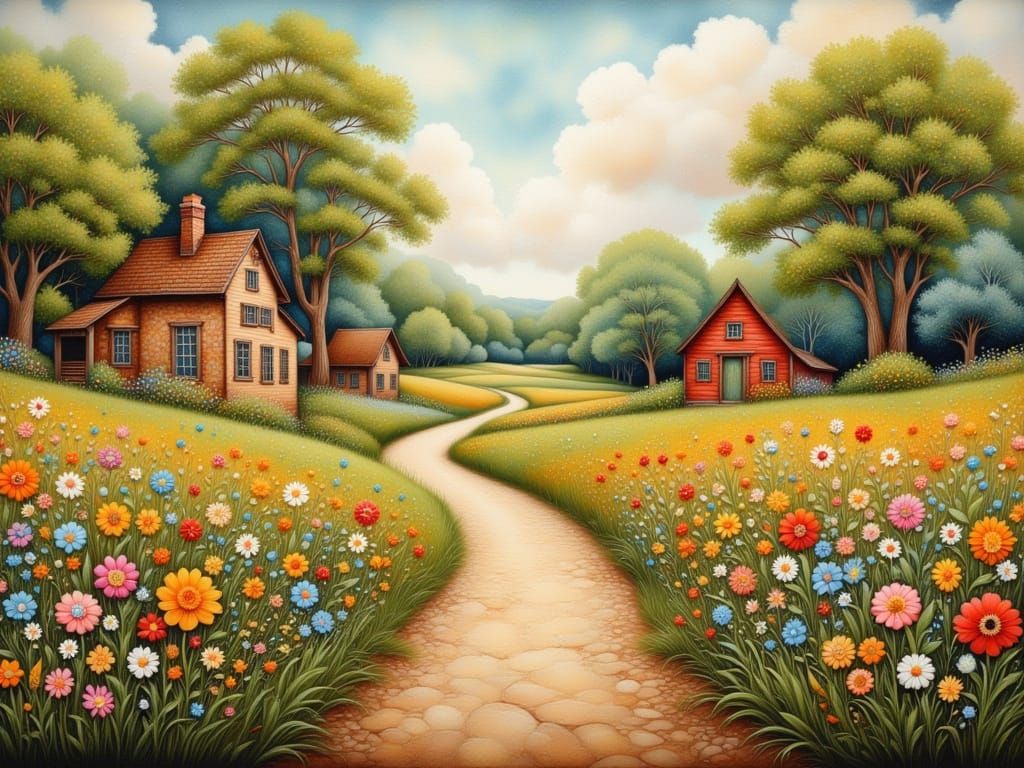 Rustic Houses and Wildflowers in Folk Art Style