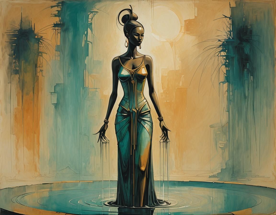 Woman by Fountain in Chiaroscuro Style