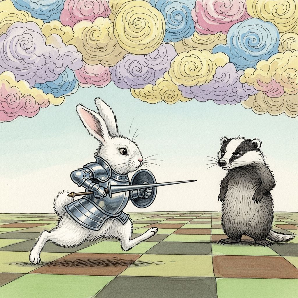 Storybook Rabbit Knight Jousts Badger on Battlefield