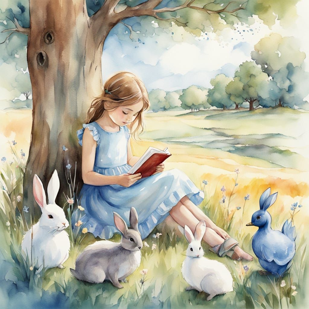 Watercolor Whimsy Scene of a Little Girl and Playful Forest ...