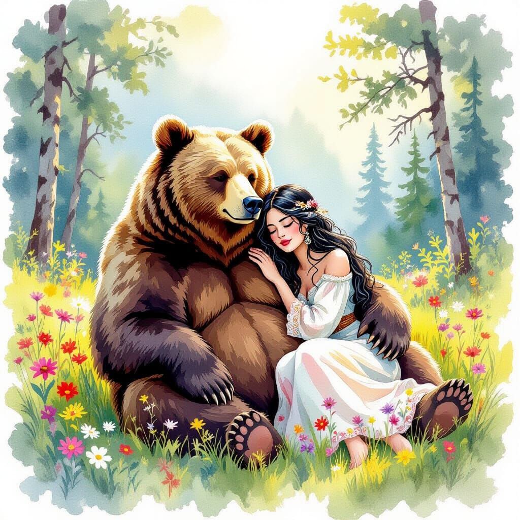 Grizzly Bear and Gypsy Woman in Sunlit Forest Meadow