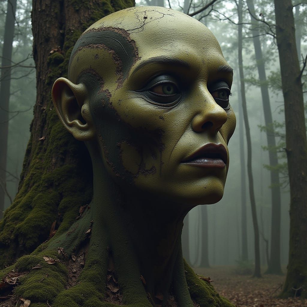 Surreal Face Carved in Oak Tree Trunk