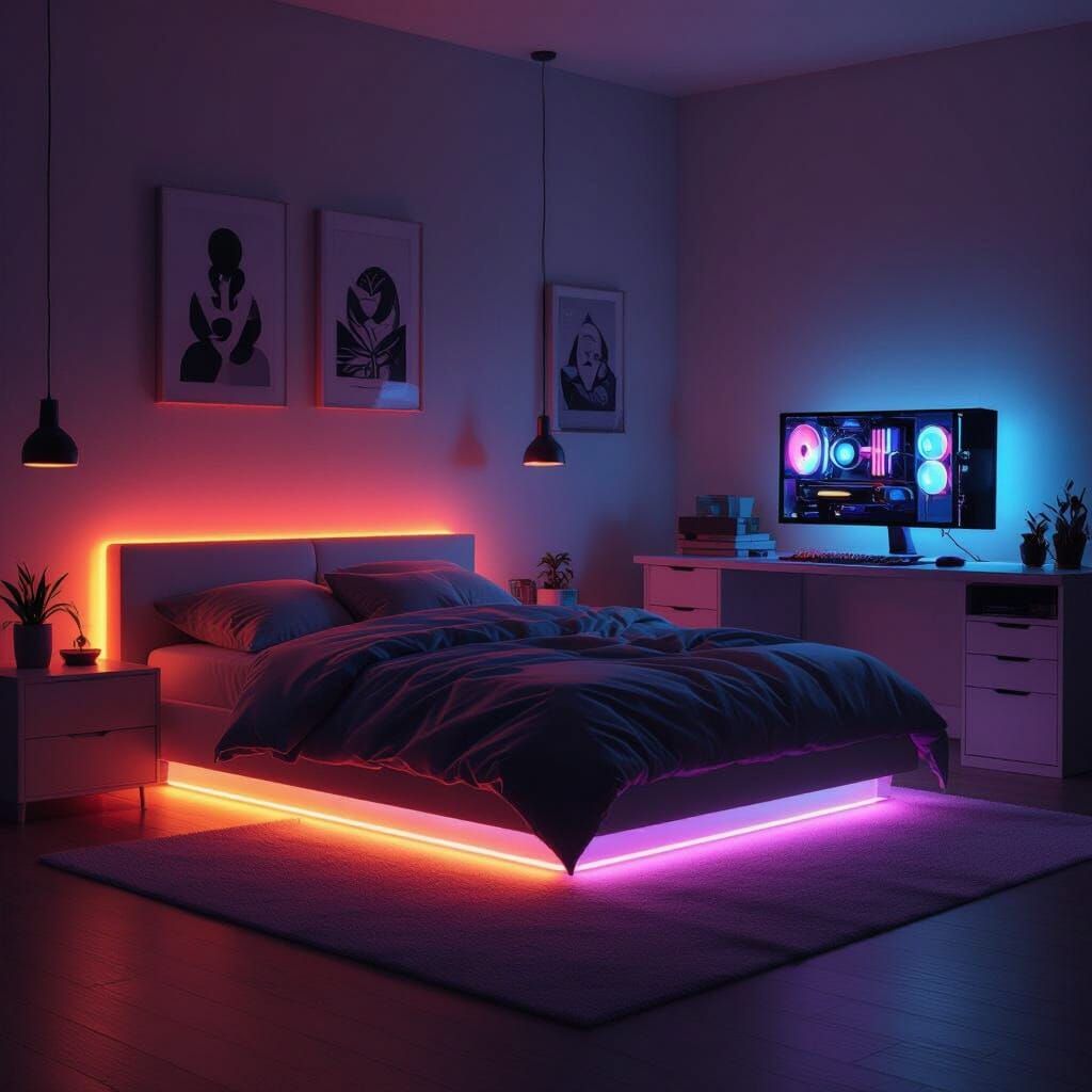 Futuristic Bedroom with LED Lights and Computer