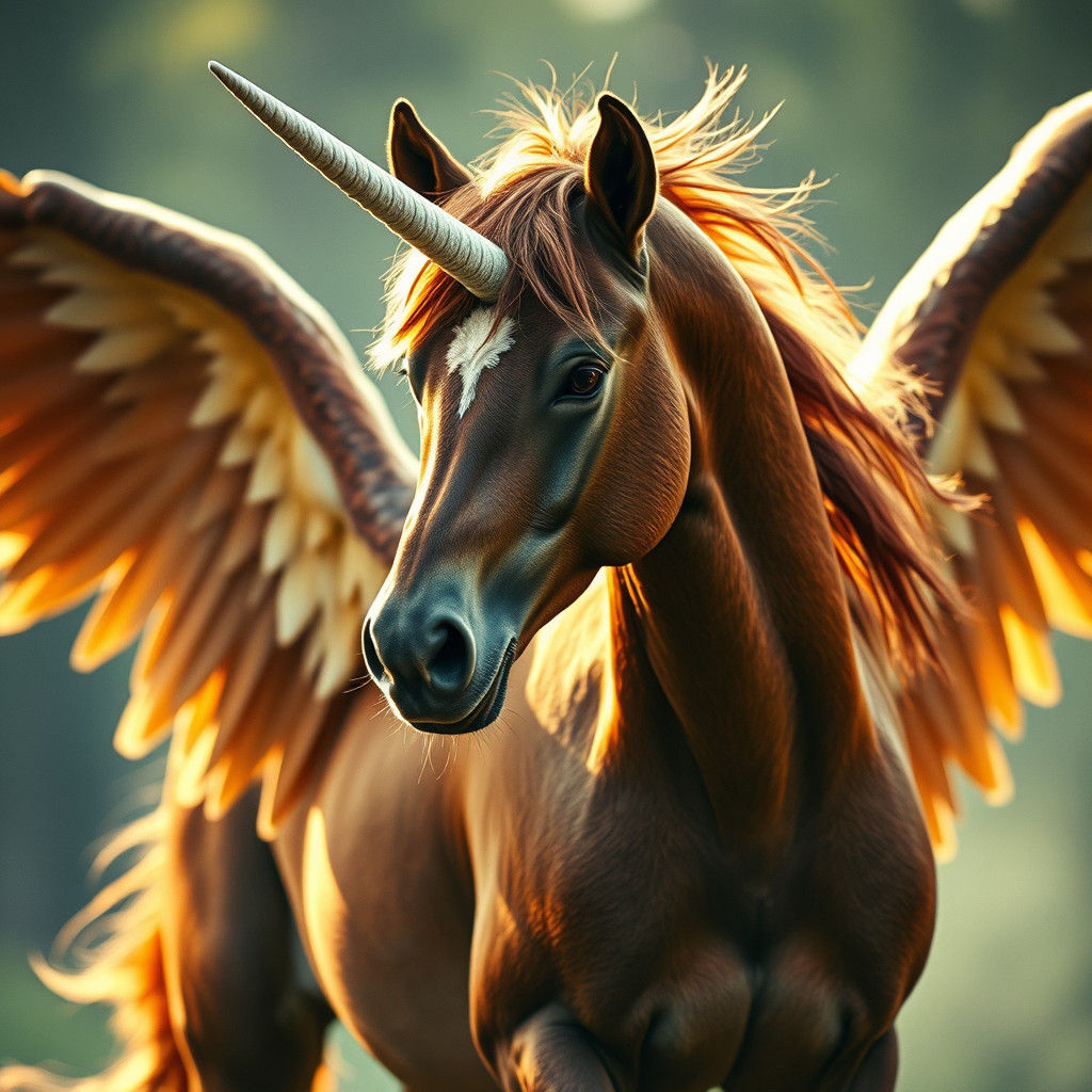 Winged Chestnut Unicorn in Cinematic Film Still
