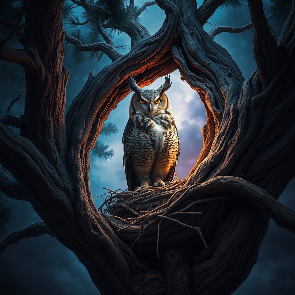 Majestic Owl in Ancient Pine Tree Hollow