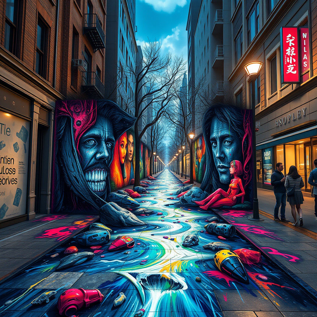 Hyperrealistic 3D Chalk Stream on City Sidewalk