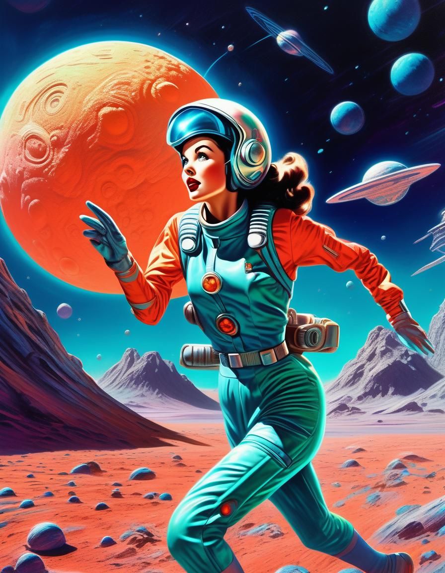 1940s Pinup Girl Running on Lunar Landscape